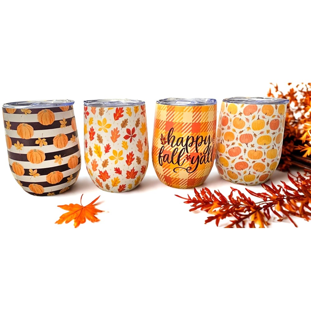 4 Pc Stemless Wine Glass Set 12 oz Tumblers Fall Themed Lids Autumn Thanksgiving